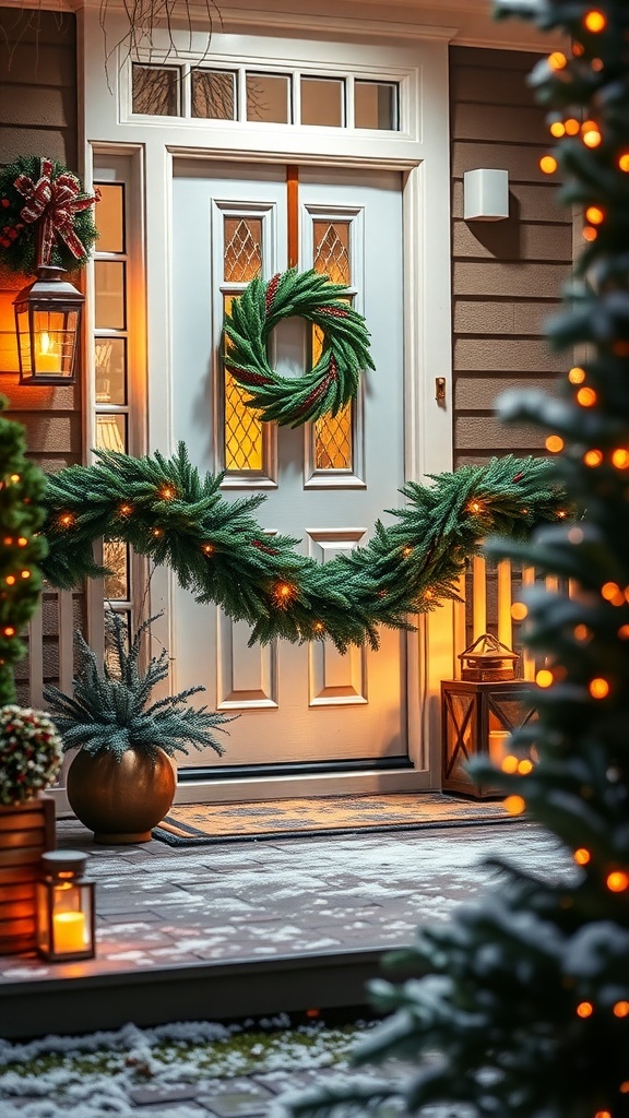 A festive Christmas porch decorated with a wreath, garland, and lanterns, creating a warm holiday welcome.